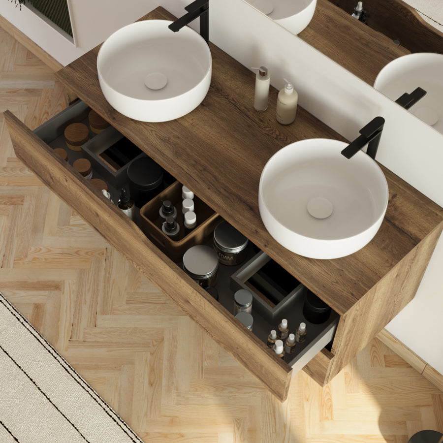 Meuble de salle de bain 120cm avec plateau et 2 vasques à poser Ares - 2 tiroirs - LUNA
