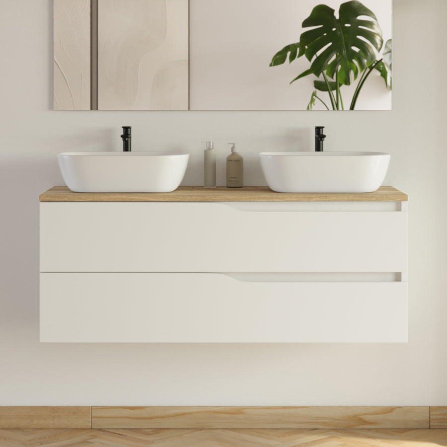 Meuble de salle de bain 120cm avec plateau et 2 vasques à poser Zeus - 2 tiroirs - LUNA