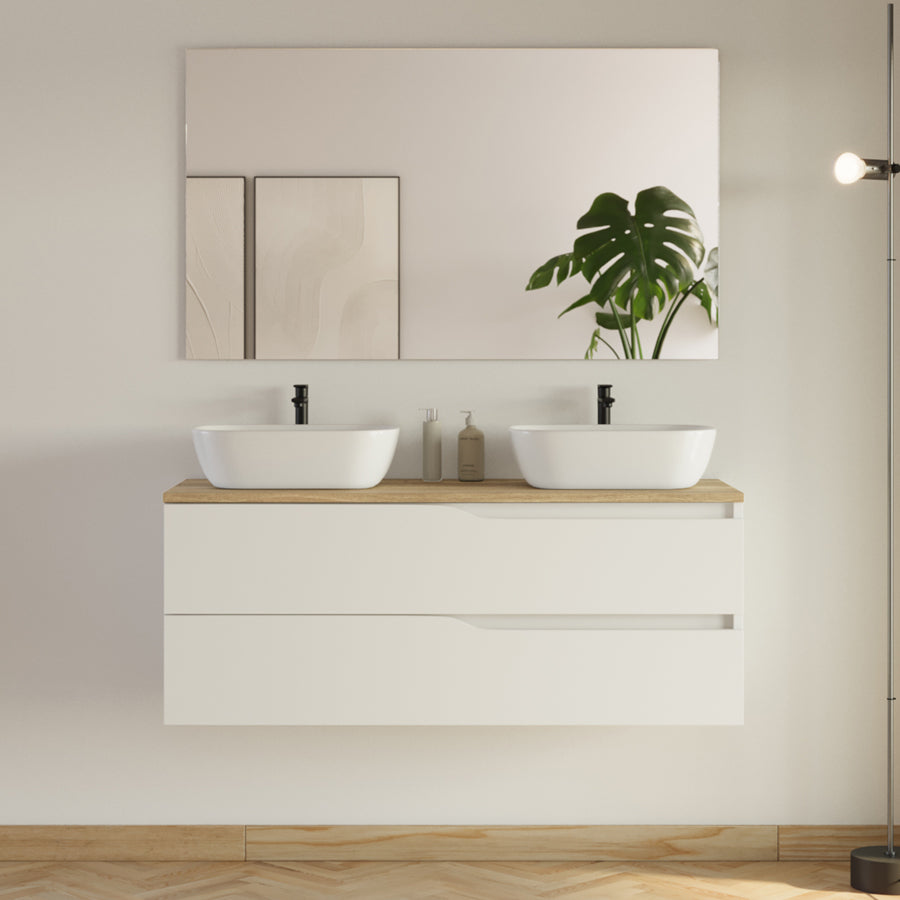 Meuble de salle de bain 120cm avec plateau et 2 vasques à poser Zeus - 2 tiroirs - LUNA