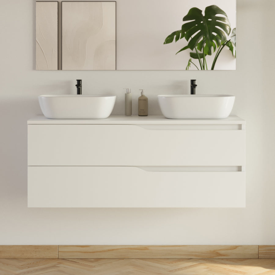 Meuble de salle de bain 120cm avec plateau et 2 vasques à poser Zeus - 2 tiroirs - LUNA
