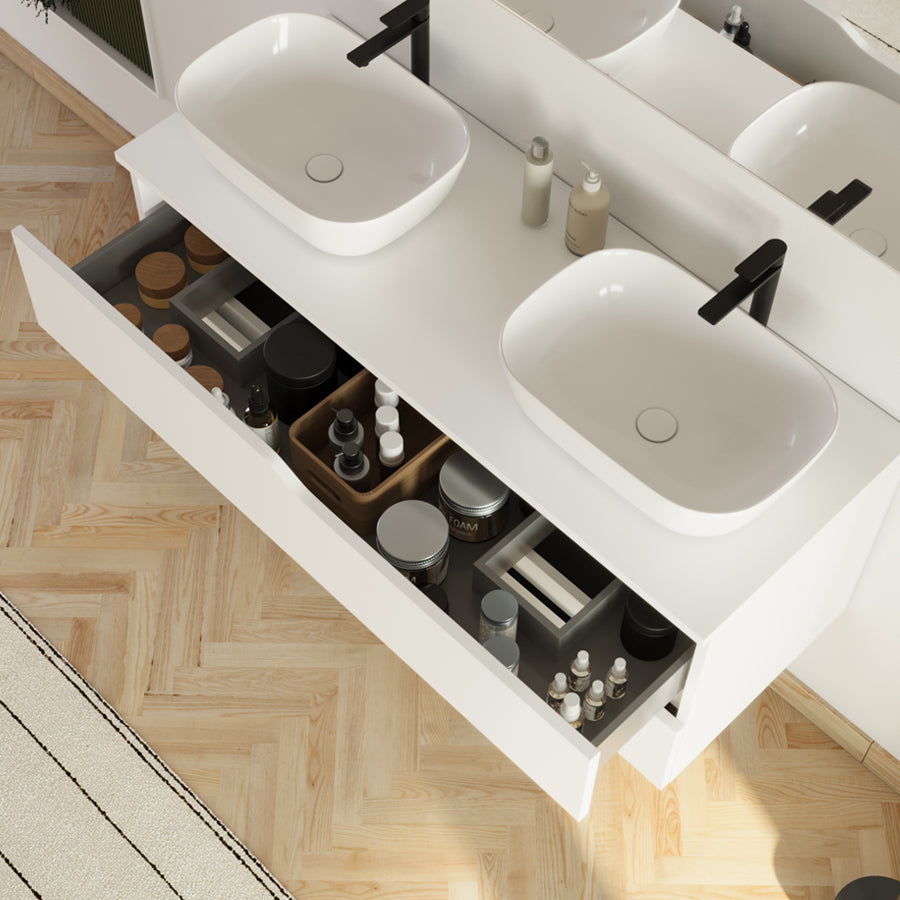 Meuble de salle de bain 120cm avec plateau et 2 vasques à poser Zeus - 2 tiroirs - LUNA