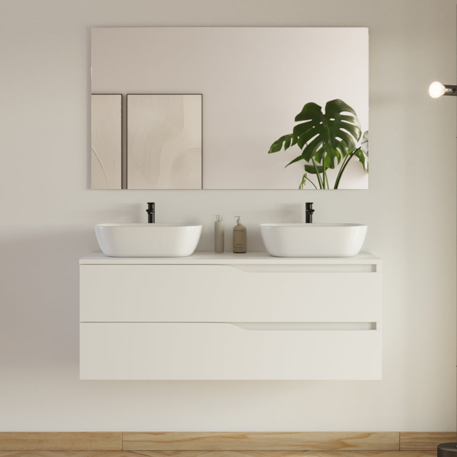 Meuble de salle de bain 120cm avec plateau et 2 vasques à poser Zeus - 2 tiroirs - LUNA