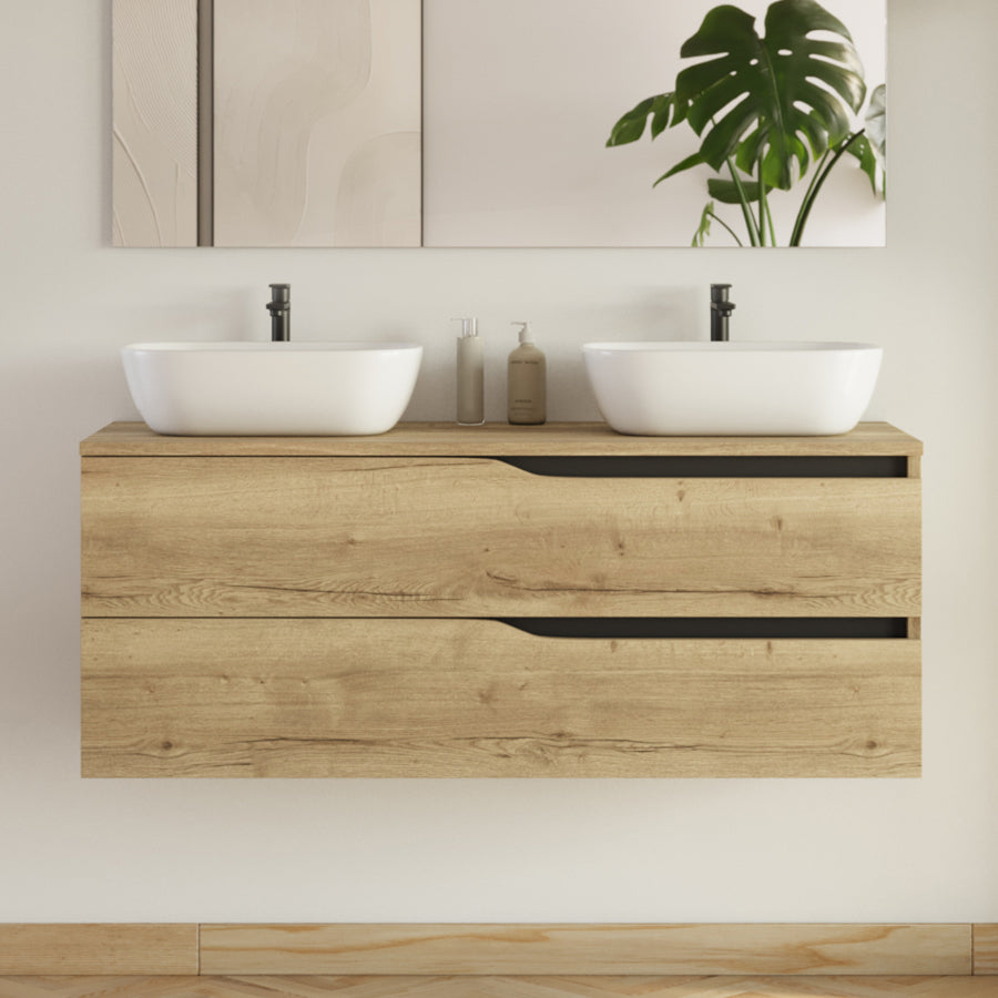 Meuble de salle de bain 120cm avec plateau et 2 vasques à poser Zeus - 2 tiroirs - LUNA