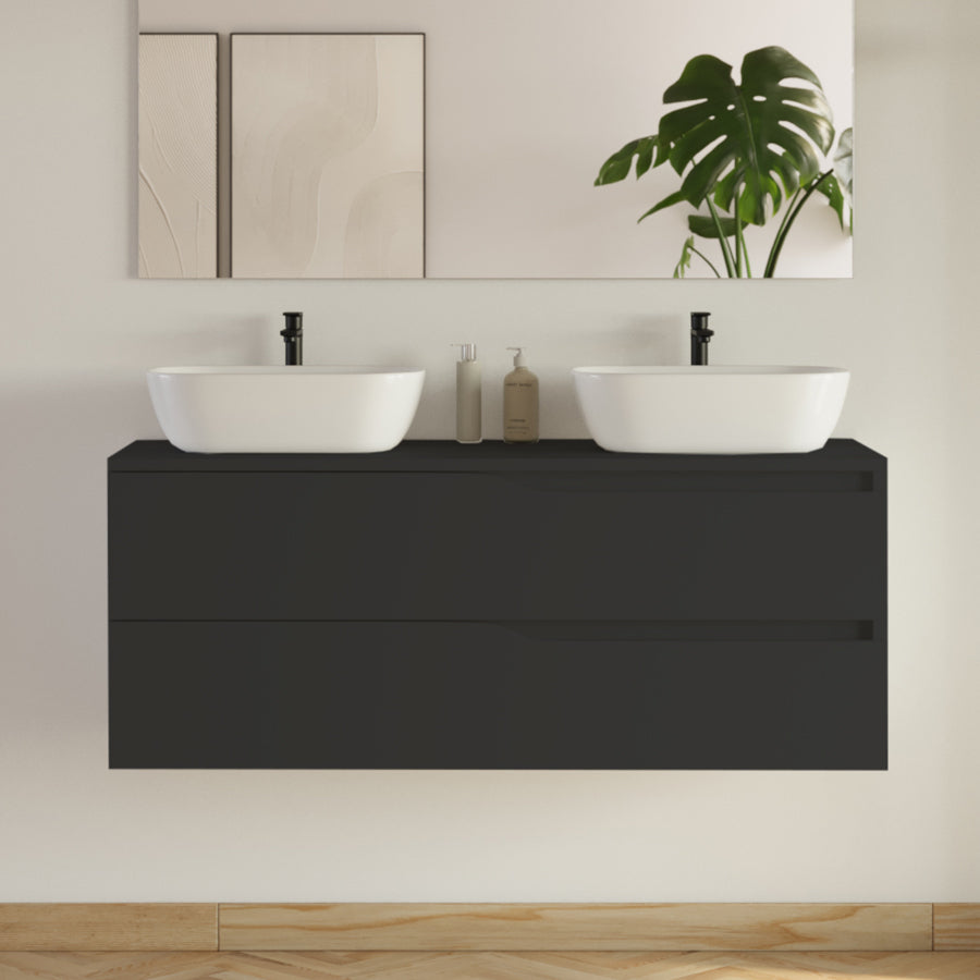 Meuble de salle de bain 120cm avec plateau et 2 vasques à poser Zeus - 2 tiroirs - LUNA