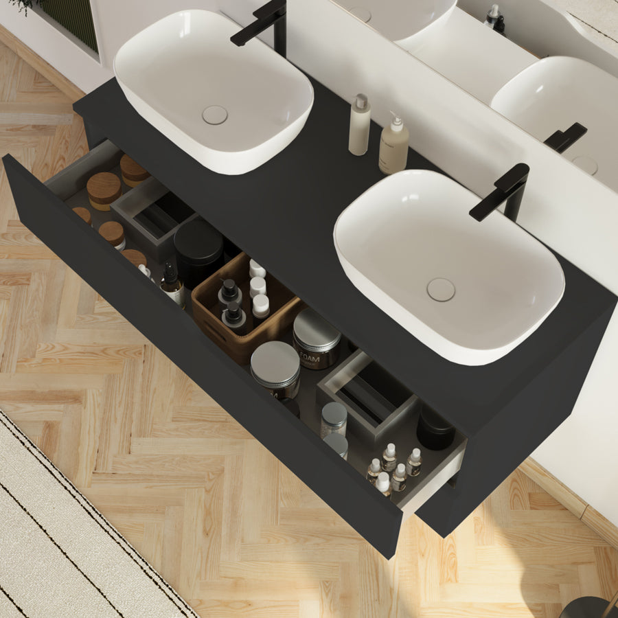 Meuble de salle de bain 120cm avec plateau et 2 vasques à poser Zeus - 2 tiroirs - LUNA