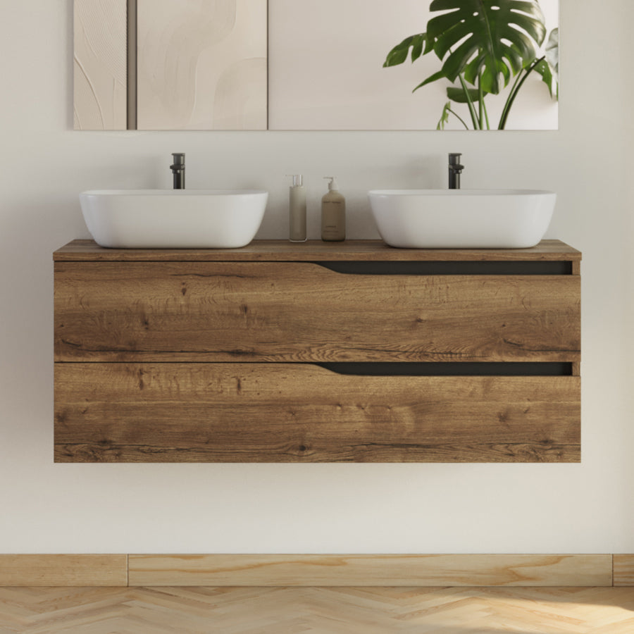 Meuble de salle de bain 120cm avec plateau et 2 vasques à poser Zeus - 2 tiroirs - LUNA