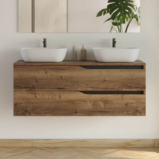 Meuble de salle de bain 120cm avec plateau et 2 vasques à poser Zeus - sans miroir - 2 tiroirs - LUNA