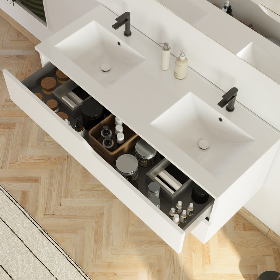 Meuble de salle de bain 120cm avec plan double vasque - 2 tiroirs - LUNA