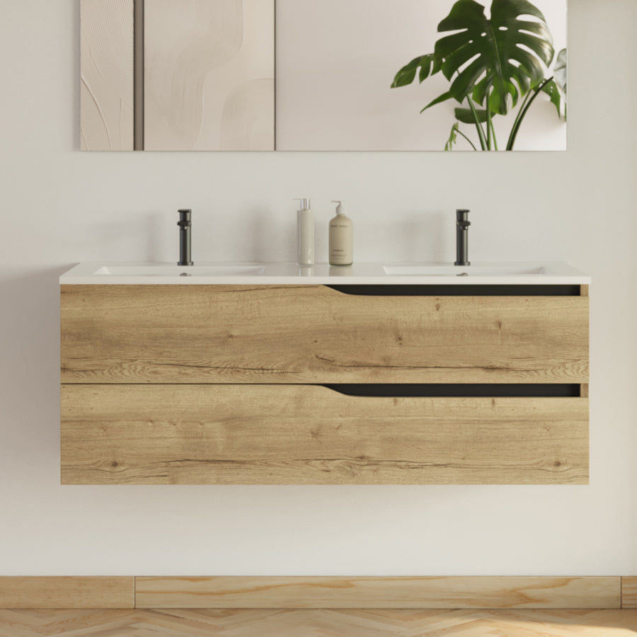 Meuble de salle de bain 120cm avec plan double vasque - 2 tiroirs - LUNA