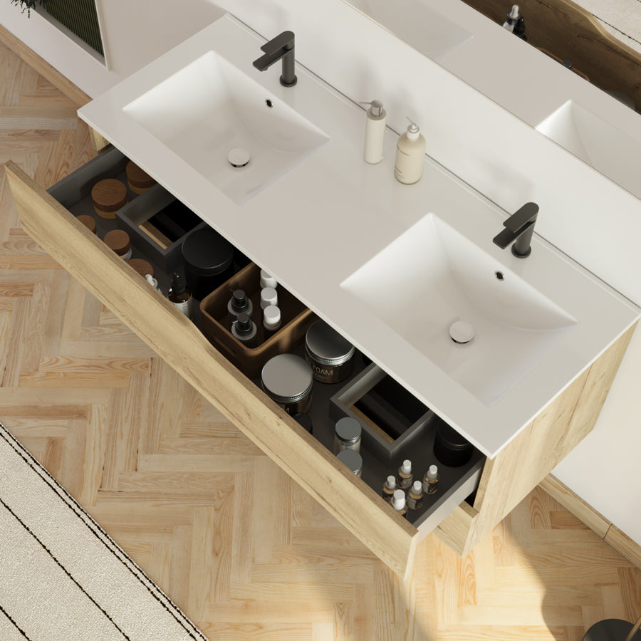 Meuble de salle de bain 120cm avec plan double vasque - 2 tiroirs - LUNA