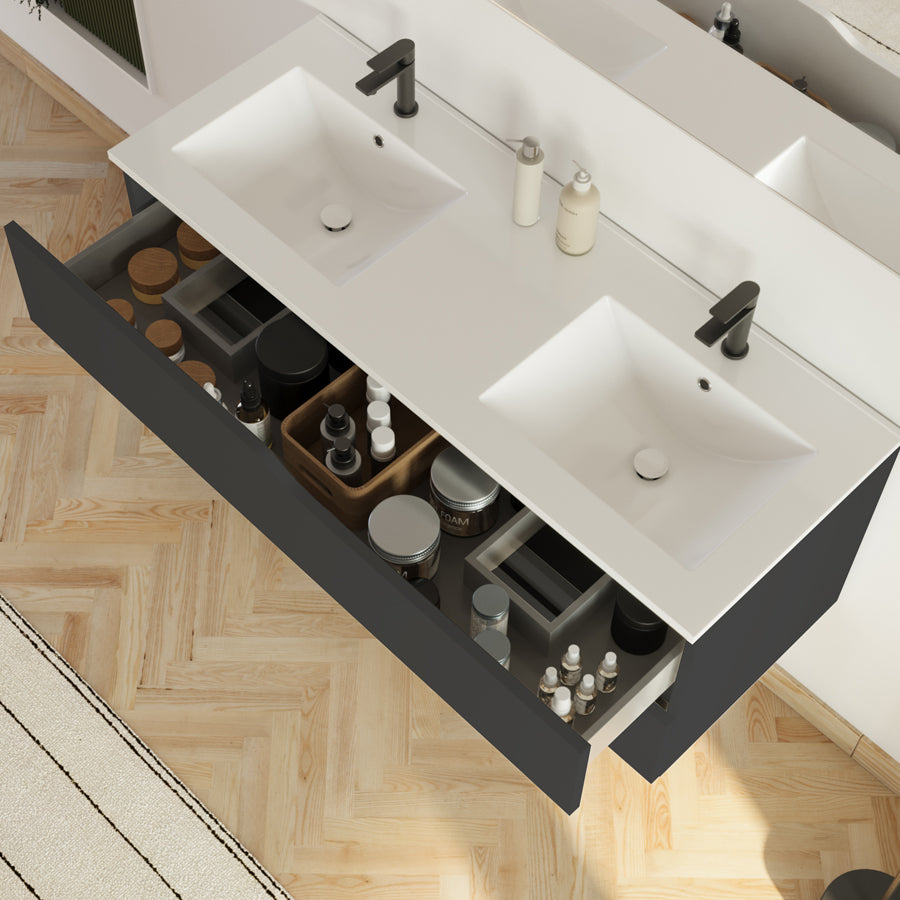 Meuble de salle de bain 120cm avec plan double vasque - 2 tiroirs - LUNA