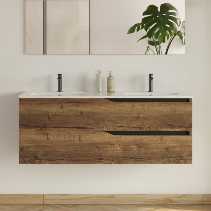 Meuble de salle de bain 120cm avec plan double vasque - 2 tiroirs - LUNA