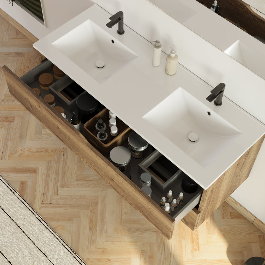 Meuble de salle de bain 120cm avec plan double vasque - 2 tiroirs - LUNA