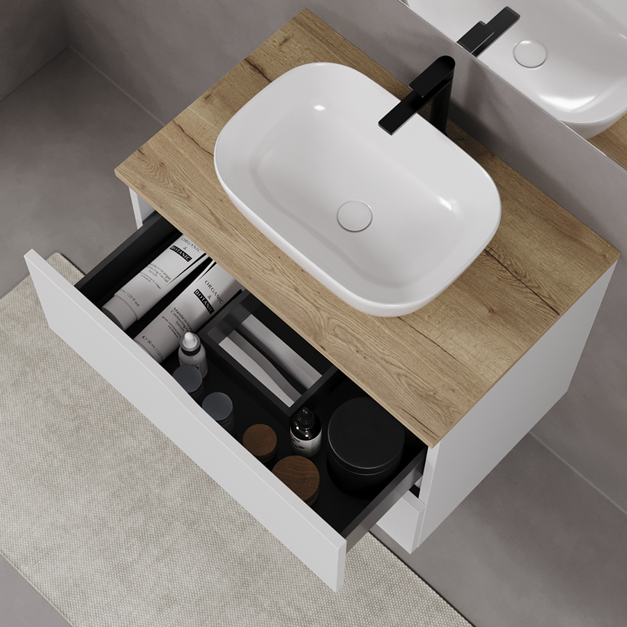 Meuble de salle de bain 80cm avec plateau et vasque à poser zeus - sans miroir - 2 tiroirs - LUNA