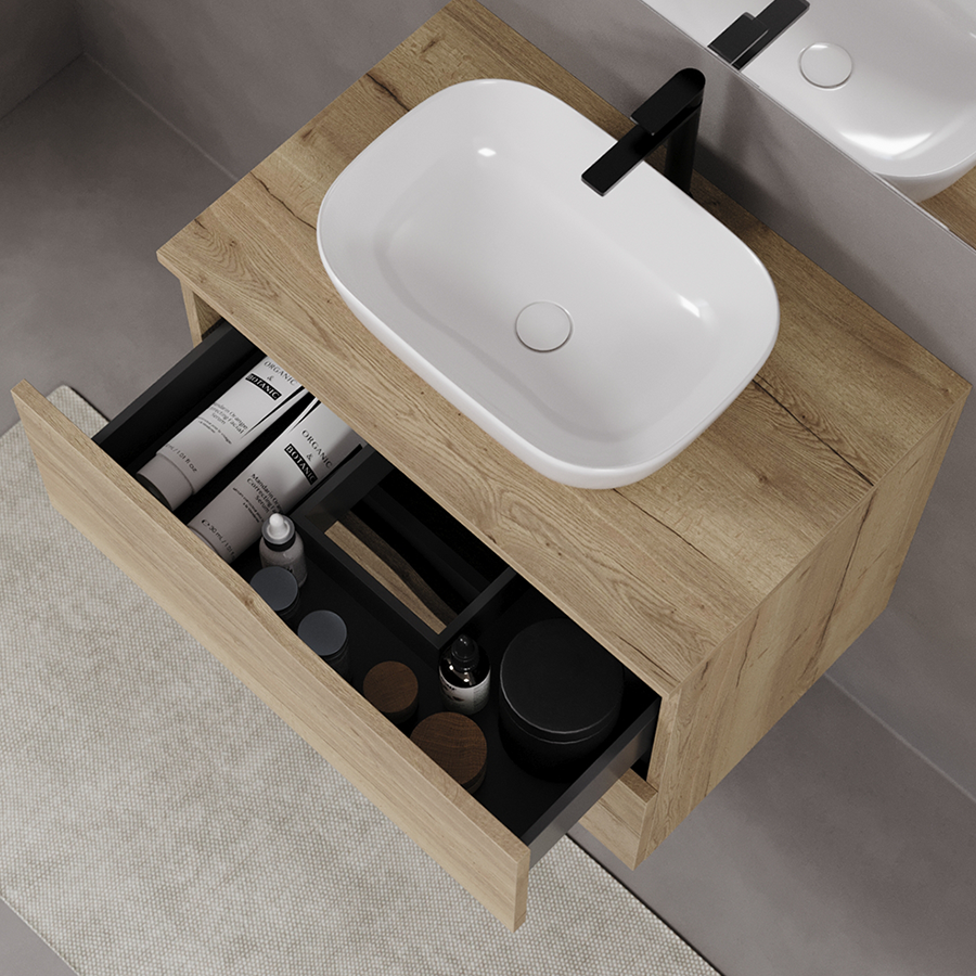Meuble de salle de bain 80cm avec plateau et vasque à poser zeus - sans miroir - 2 tiroirs - LUNA