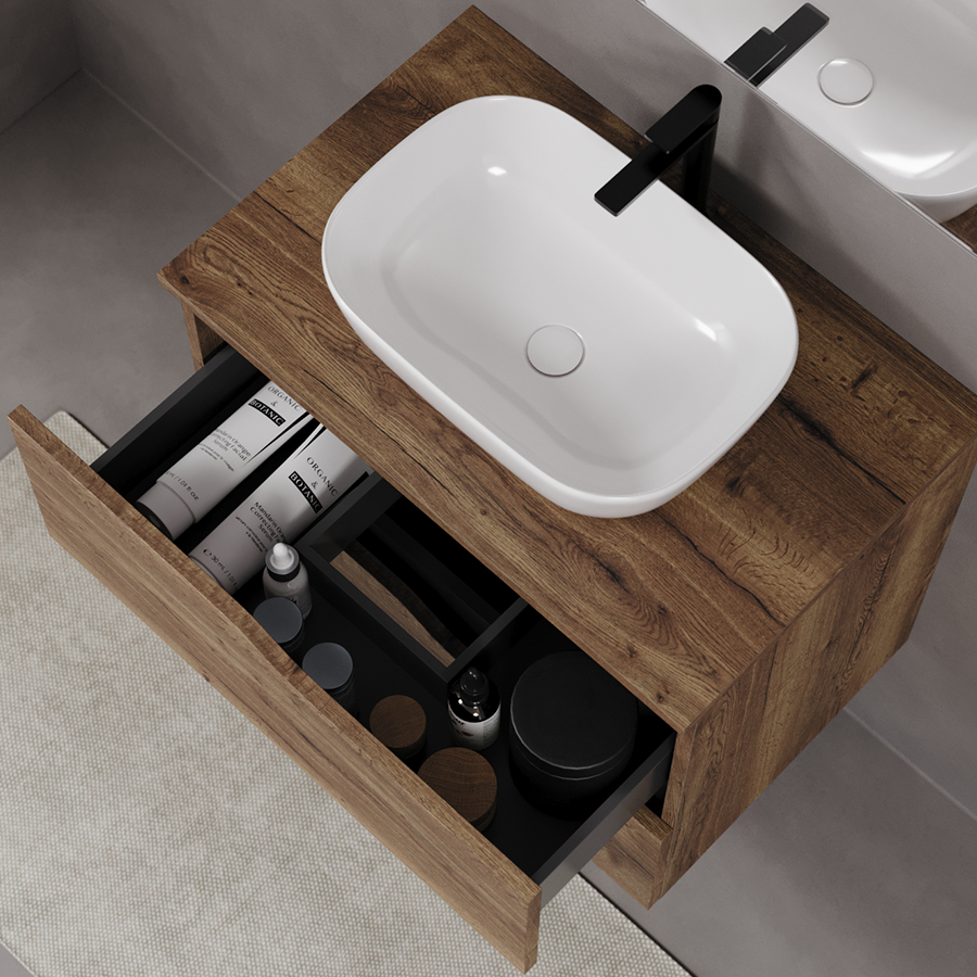 Meuble de salle de bain 80cm avec plateau et vasque à poser zeus - sans miroir - 2 tiroirs - LUNA