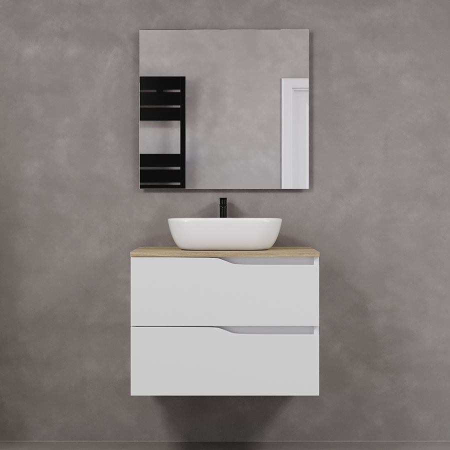 Meuble de salle de bain 80cm avec plateau et vasque à poser zeus - sans miroir - 2 tiroirs - LUNA