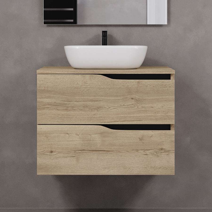 Meuble de salle de bain 80cm avec plateau et vasque à poser zeus - sans miroir - 2 tiroirs - LUNA