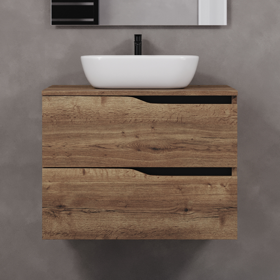 Meuble de salle de bain 80cm avec plateau et vasque à poser zeus - sans miroir - 2 tiroirs - LUNA
