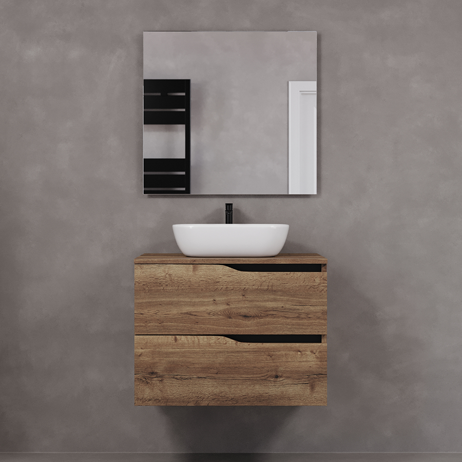 Meuble de salle de bain 80cm avec plateau et vasque à poser zeus - sans miroir - 2 tiroirs - LUNA