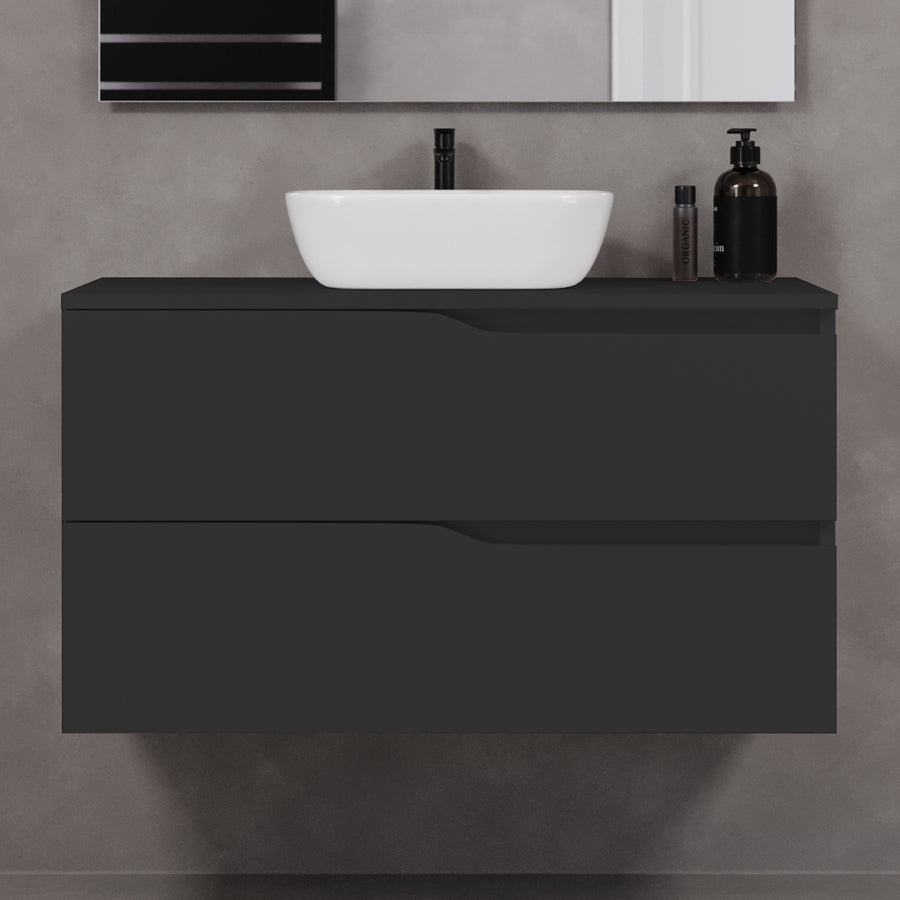 Meuble de salle de bain 90cm avec plateau et vasque à poser zeus - 2 tiroirs - LUNA