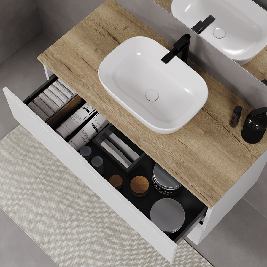 Meuble de salle de bain 90cm avec plateau et vasque à poser zeus - 2 tiroirs - LUNA