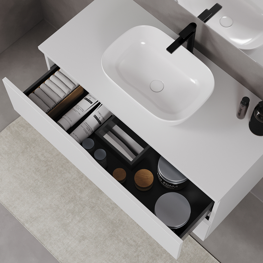Meuble de salle de bain 90cm avec plateau et vasque à poser zeus - 2 tiroirs - LUNA