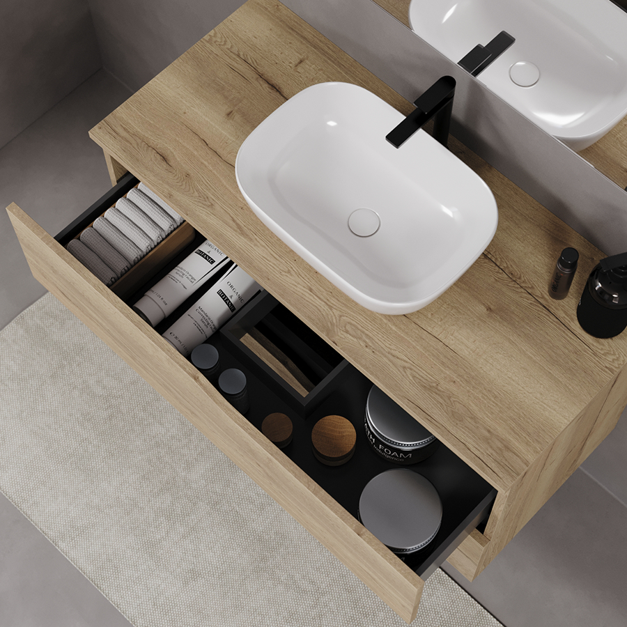 Meuble de salle de bain 90cm avec plateau et vasque à poser zeus - 2 tiroirs - LUNA