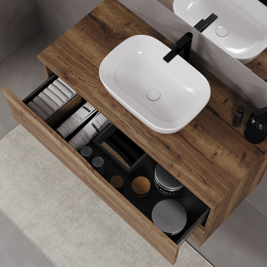 Meuble de salle de bain 90cm avec plateau et vasque à poser zeus - 2 tiroirs - LUNA