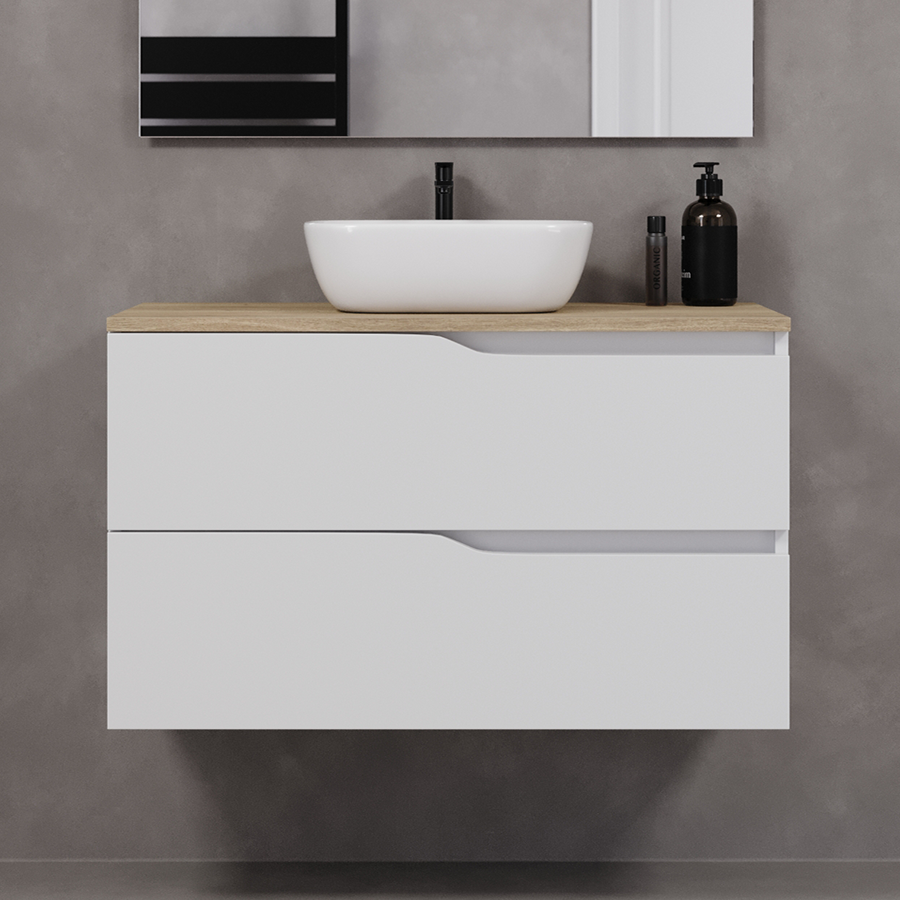 Meuble de salle de bain 90cm avec plateau et vasque à poser zeus - 2 tiroirs - LUNA