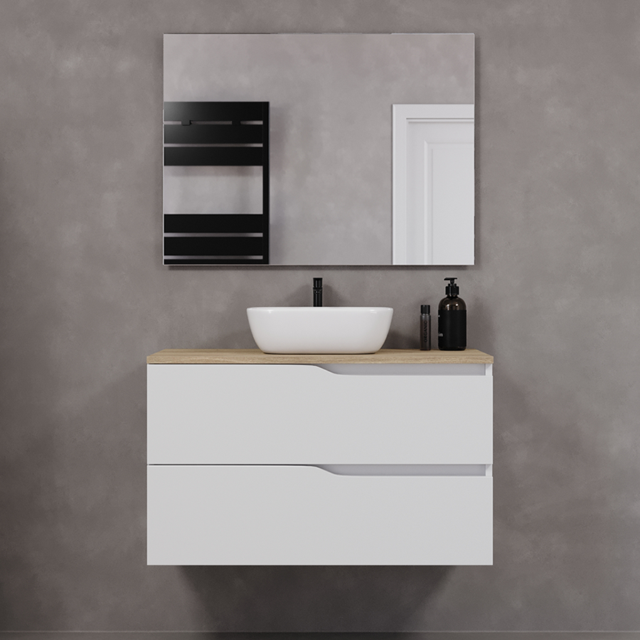 Meuble de salle de bain 90cm avec plateau et vasque à poser zeus - 2 tiroirs - LUNA