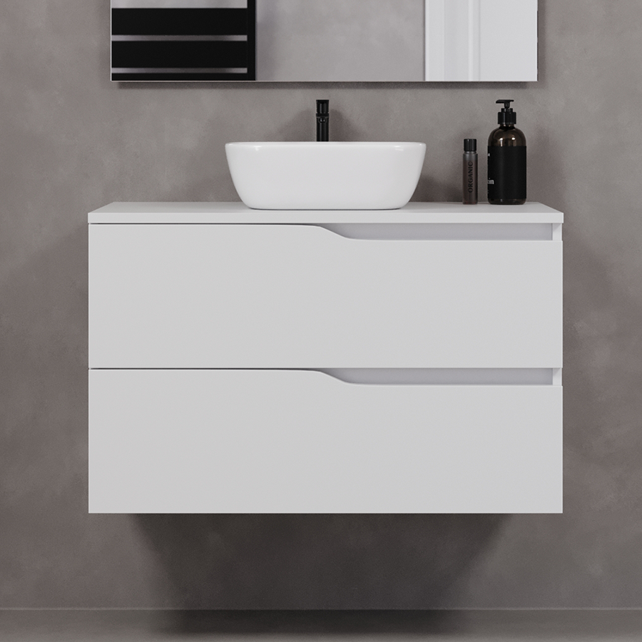 Meuble de salle de bain 90cm avec plateau et vasque à poser zeus - 2 tiroirs - LUNA