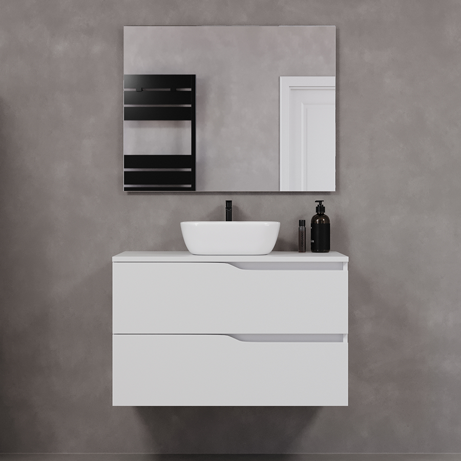 Meuble de salle de bain 90cm avec plateau et vasque à poser zeus - 2 tiroirs - LUNA