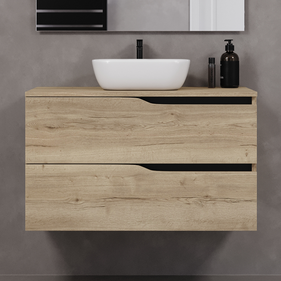 Meuble de salle de bain 90cm avec plateau et vasque à poser zeus - 2 tiroirs - LUNA