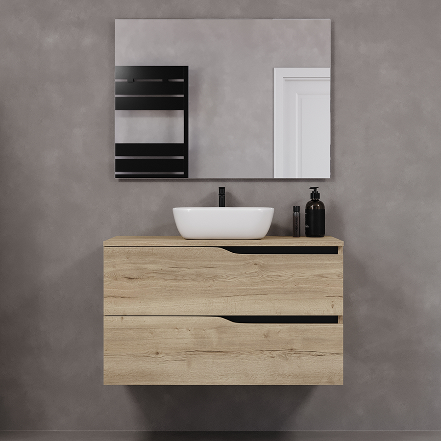 Meuble de salle de bain 90cm avec plateau et vasque à poser zeus - 2 tiroirs - LUNA