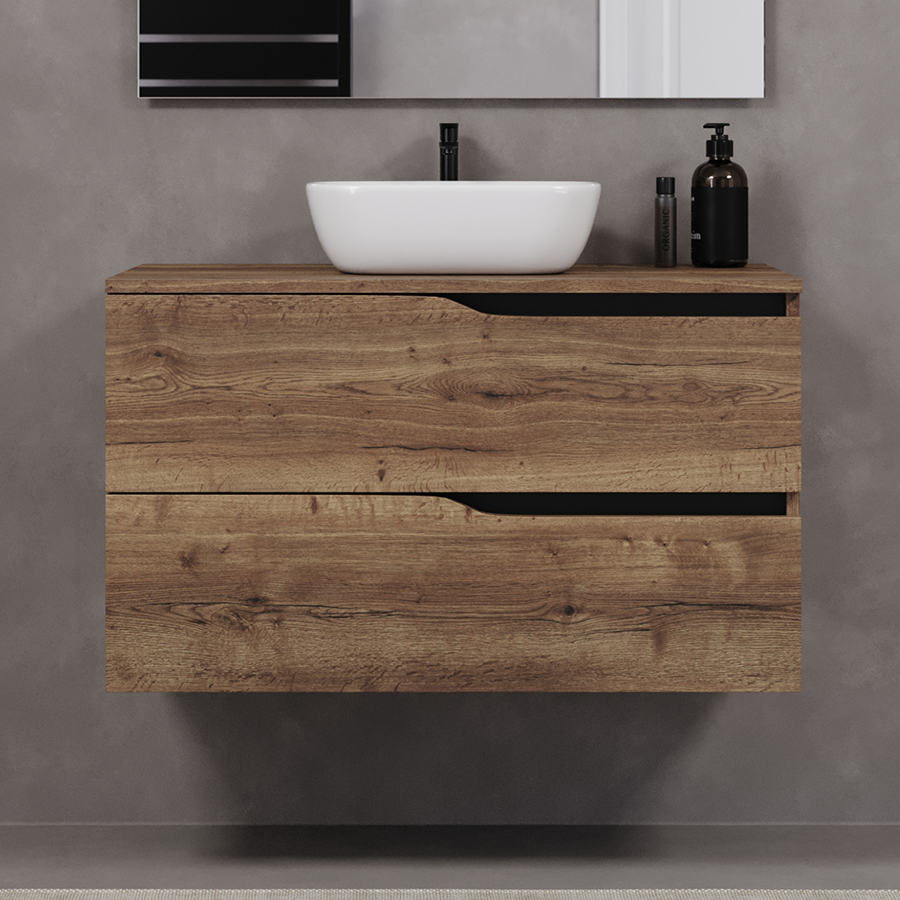 Meuble de salle de bain 90cm avec plateau et vasque à poser zeus - 2 tiroirs - LUNA