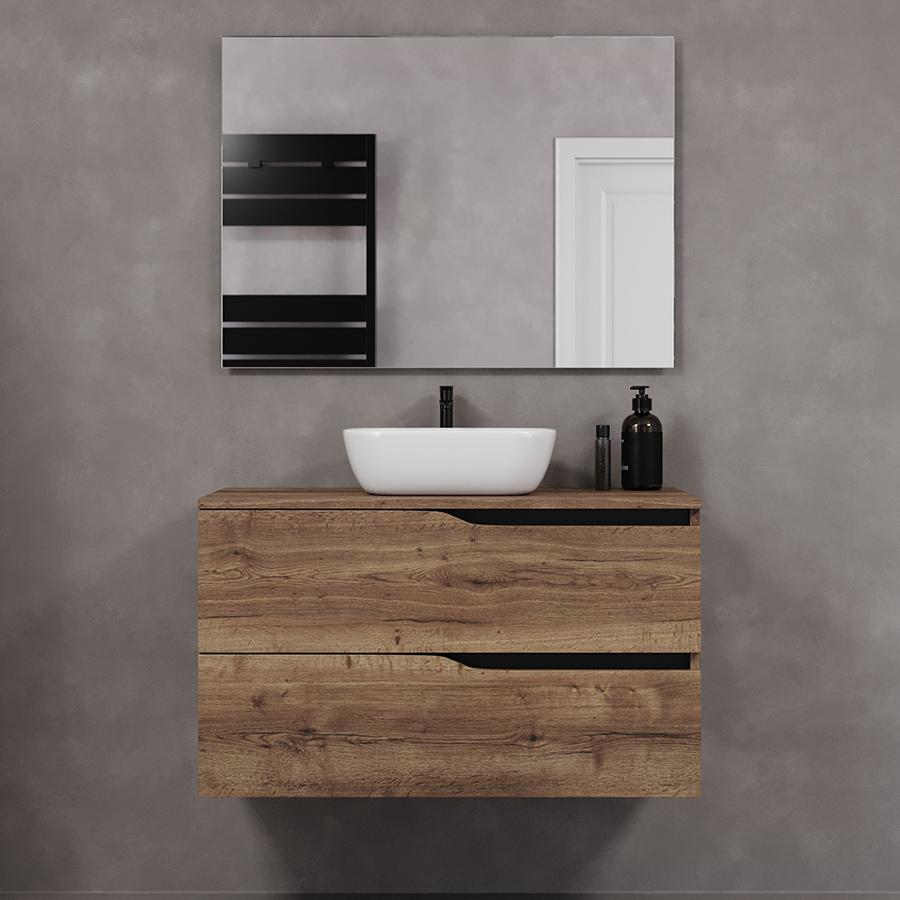 Meuble de salle de bain 90cm avec plateau et vasque à poser zeus - 2 tiroirs - LUNA