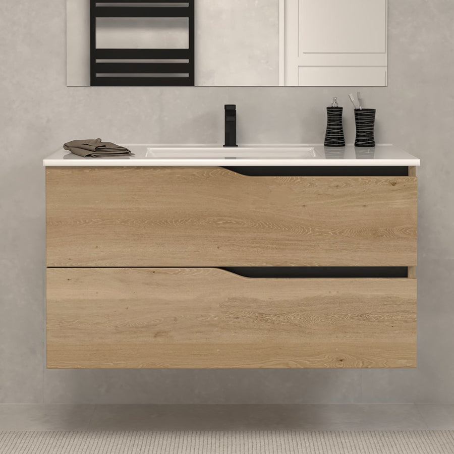 Meuble de salle de bain 90cm simple vasque - 2 tiroirs - LUNA