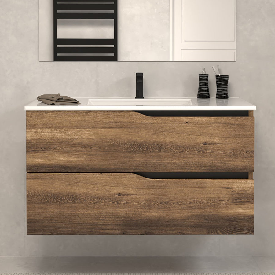 Meuble de salle de bain 90cm simple vasque - 2 tiroirs - LUNA