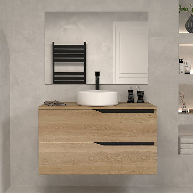 Meuble de salle de bain 90cm avec plateau et vasque à poser - 2 tiroirs - LUNA