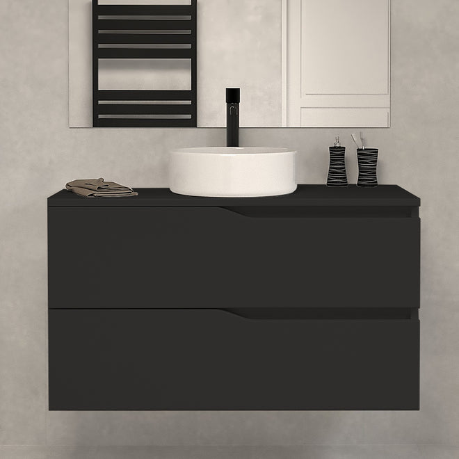 Meuble de salle de bain 90cm avec plateau et vasque à poser - sans miroir - 2 tiroirs - LUNA