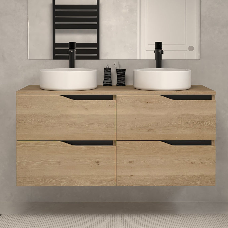 Meuble de salle de bain 120 avec plateau et 2 vasques à poser - 4 tiroirs - LUNA