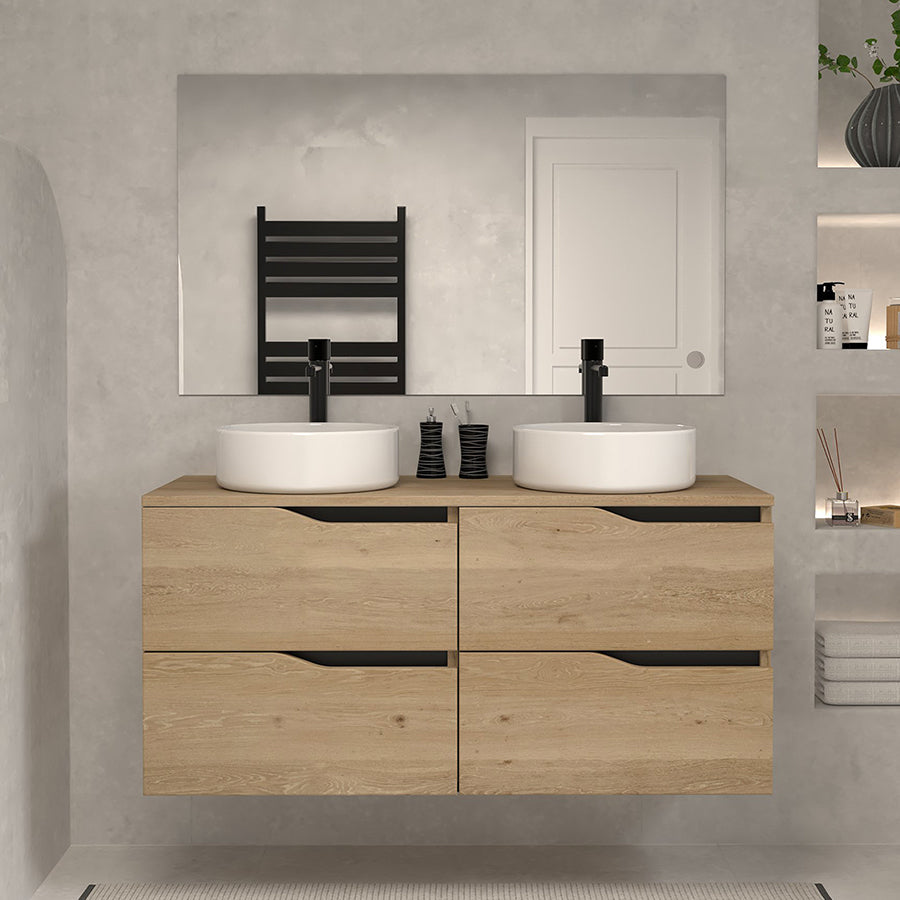 Meuble de salle de bain 120 avec plateau et 2 vasques à poser - 4 tiroirs - LUNA