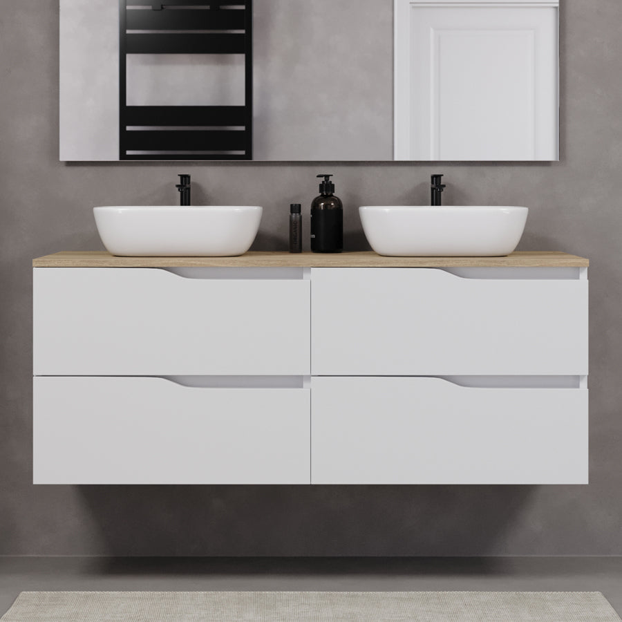 Meuble de salle de bain 140cm avec plateau et deux vasques à poser zeus - 4 tiroirs - LUNA