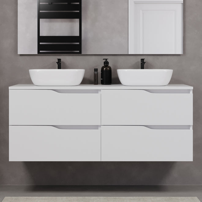 Meuble de salle de bain 140cm avec plateau et 2 vasques à poser Zeus - sans miroir - 4 tiroirs - LUNA