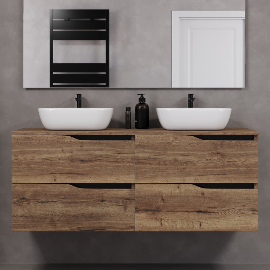 Meuble de salle de bain 140cm avec plateau et deux vasques à poser zeus - 4 tiroirs - LUNA
