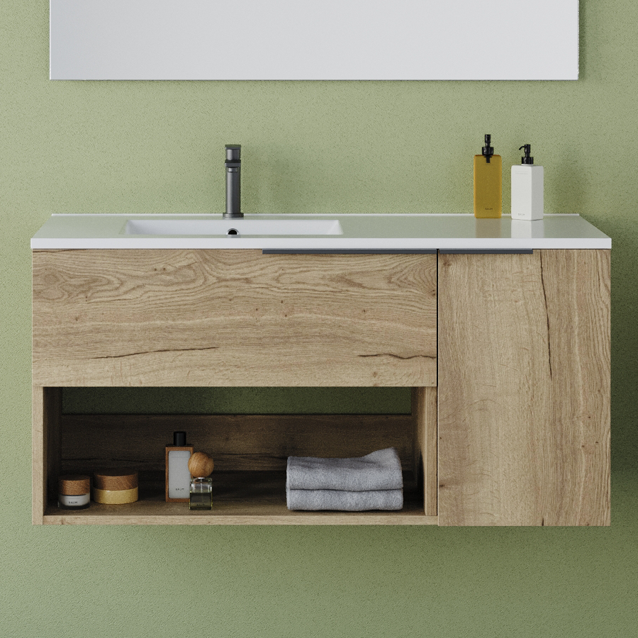 Meuble de salle de bain 100cm avec vasque déportée - sans miroir - 1 tiroir, 1 porte et une niche - MORENA
