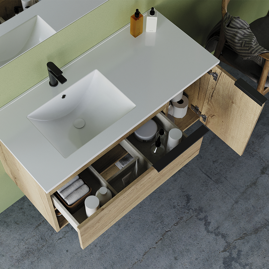 Meuble de salle de bain 100cm avec vasque déportée - sans miroir - 1 tiroir, 1 porte et une niche - MORENA