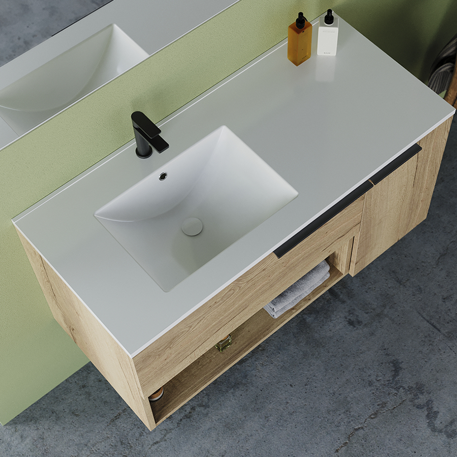 Meuble de salle de bain 100cm avec vasque déportée - sans miroir - 1 tiroir, 1 porte et une niche - MORENA