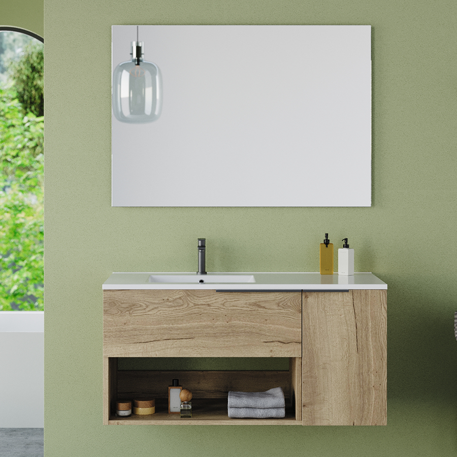 Meuble de salle de bain 100cm avec vasque déportée - sans miroir - 1 tiroir, 1 porte et une niche - MORENA